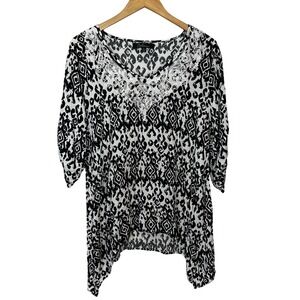 Calessa Pullover Blouse‎ Womens Large Black White Scarf Hem Roll Tab Sleeve Top